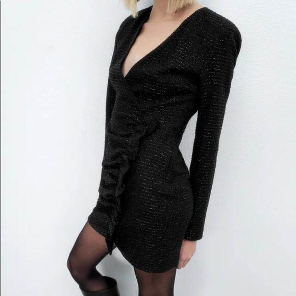 Zara Black Textured Weave Dress with Ruffle Size Small - Picture 4 of 12
